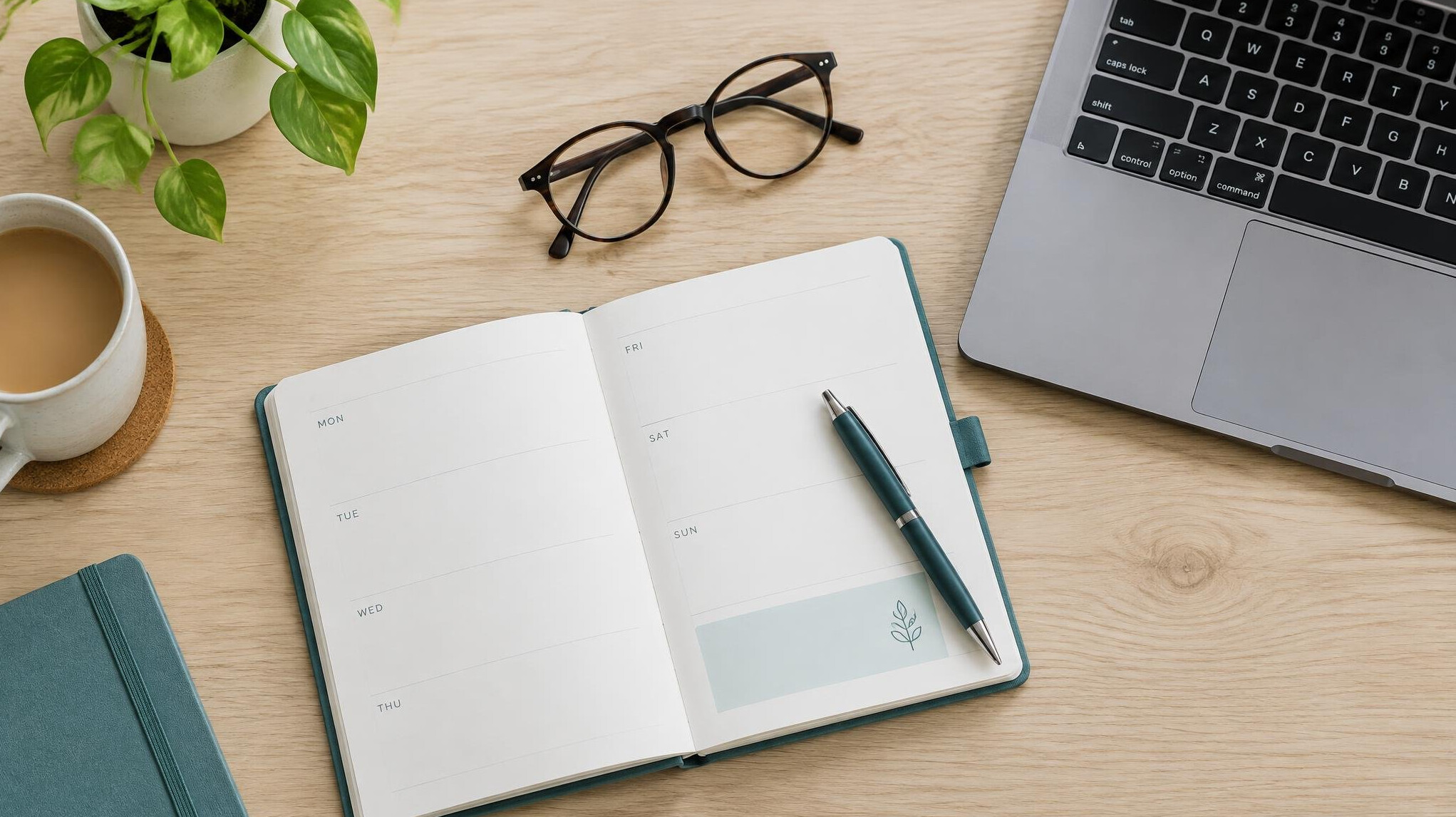 Paper planner and pen on a table next to a laptop and glasses
