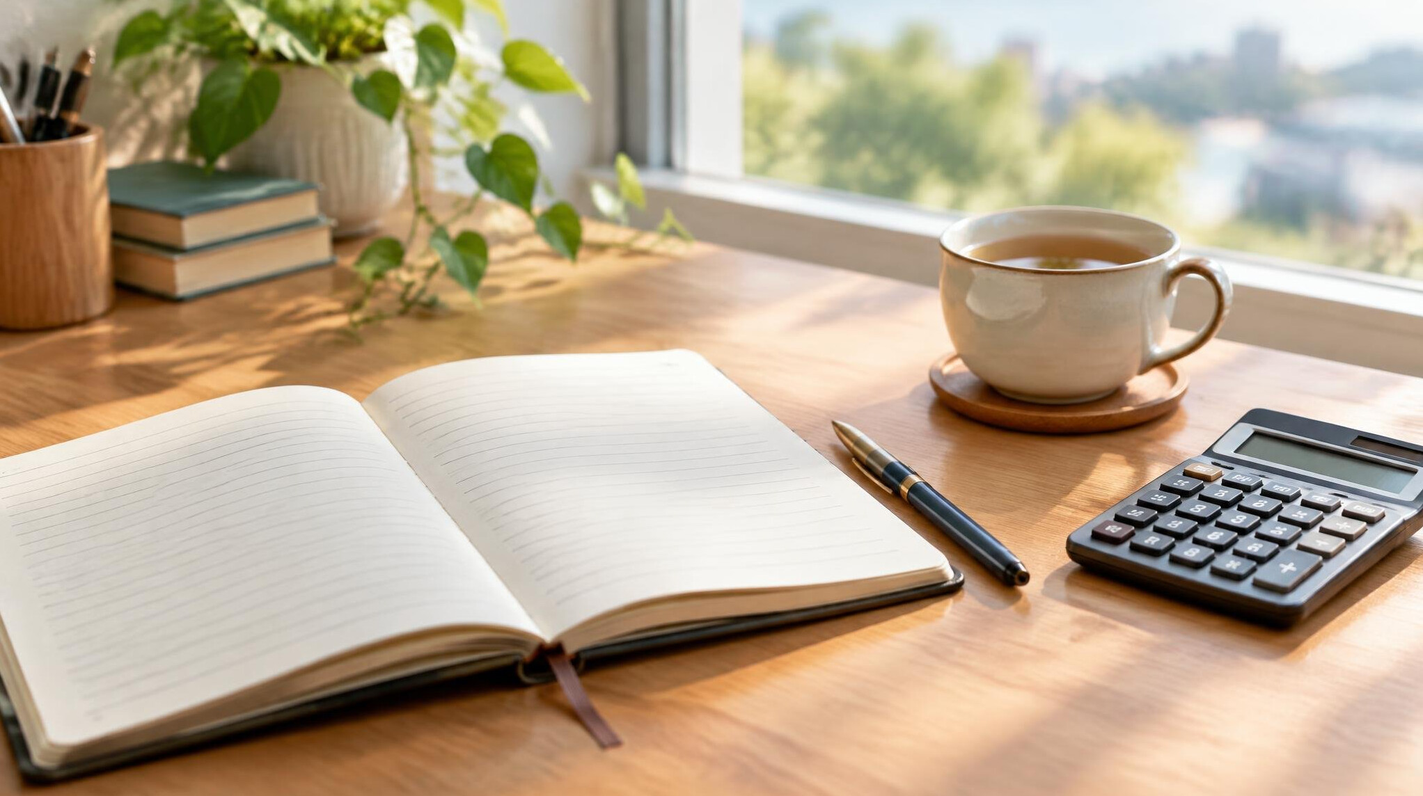Bright desk with notebook, calculator and cup of tea near a window
