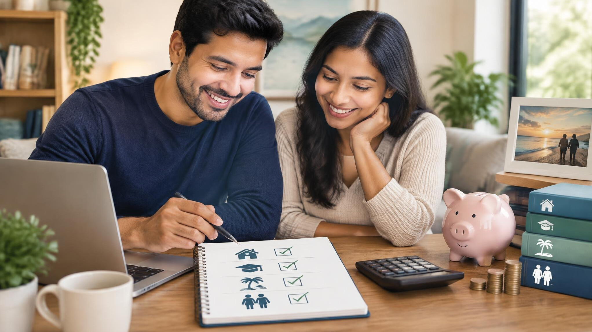 happy couple reviewing budget
